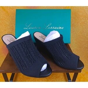 NEW Lauren Lorraine Martha Stretch Wedge Sandal Black Shimmering Women Size 7.5